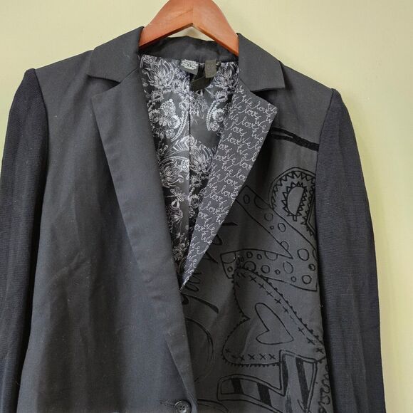 Desigual Womens Blazer Jacket Black Size 40 Embroidered We Love Velvet Burnout - Picture 2 of 11